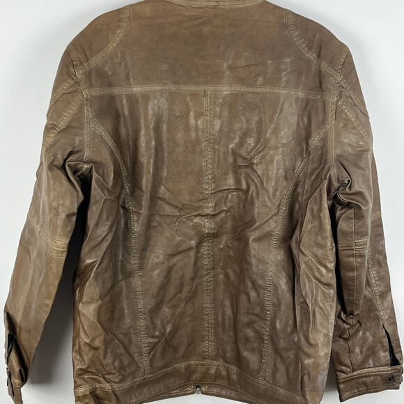 Point Zero Faux Leather Bomber Jacket Size S Brown Long Sleeve Band Collar Zip - Picture 6 of 9